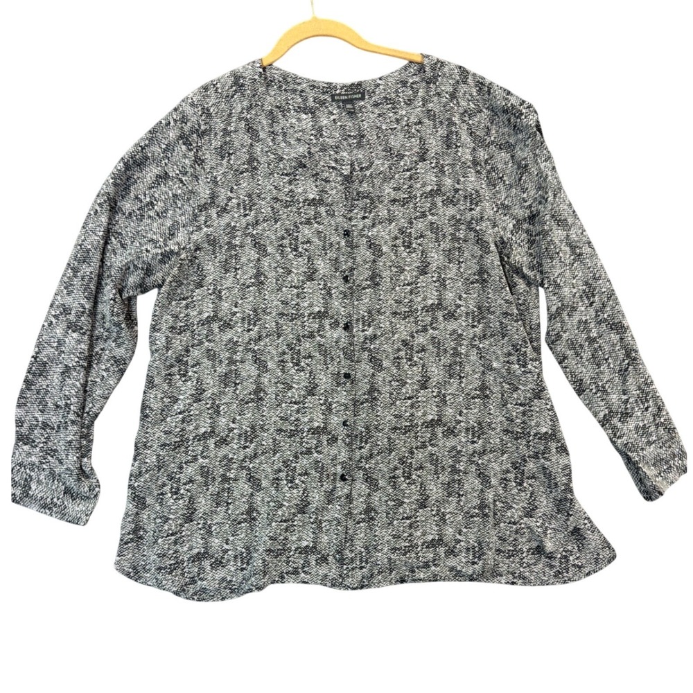 Eileen Fisher Silk Button Front Blouse Womens Black White Geometric Print XL